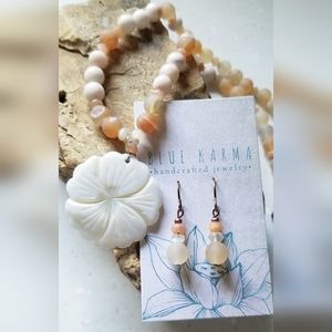 Handcrafted Mother of Pearl with Druzy & Peach Moonstone Necklace Earring Set